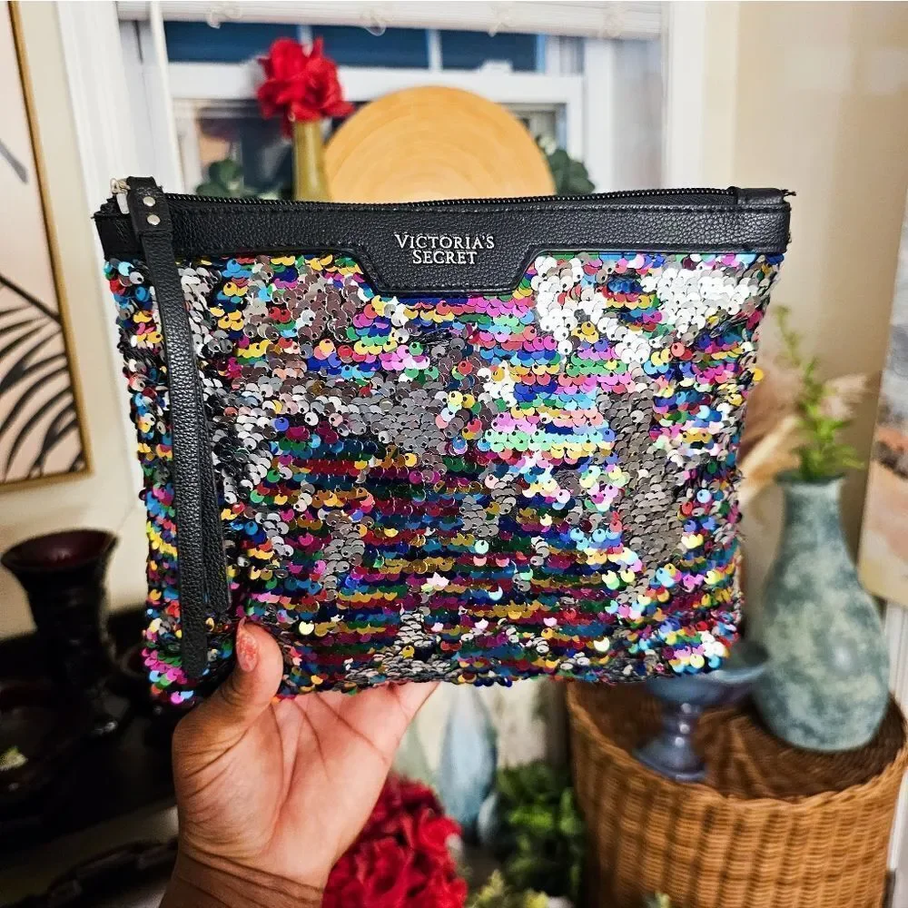 New Victoria Secret Large Sequins Faux Leather  Makeup Clutch.